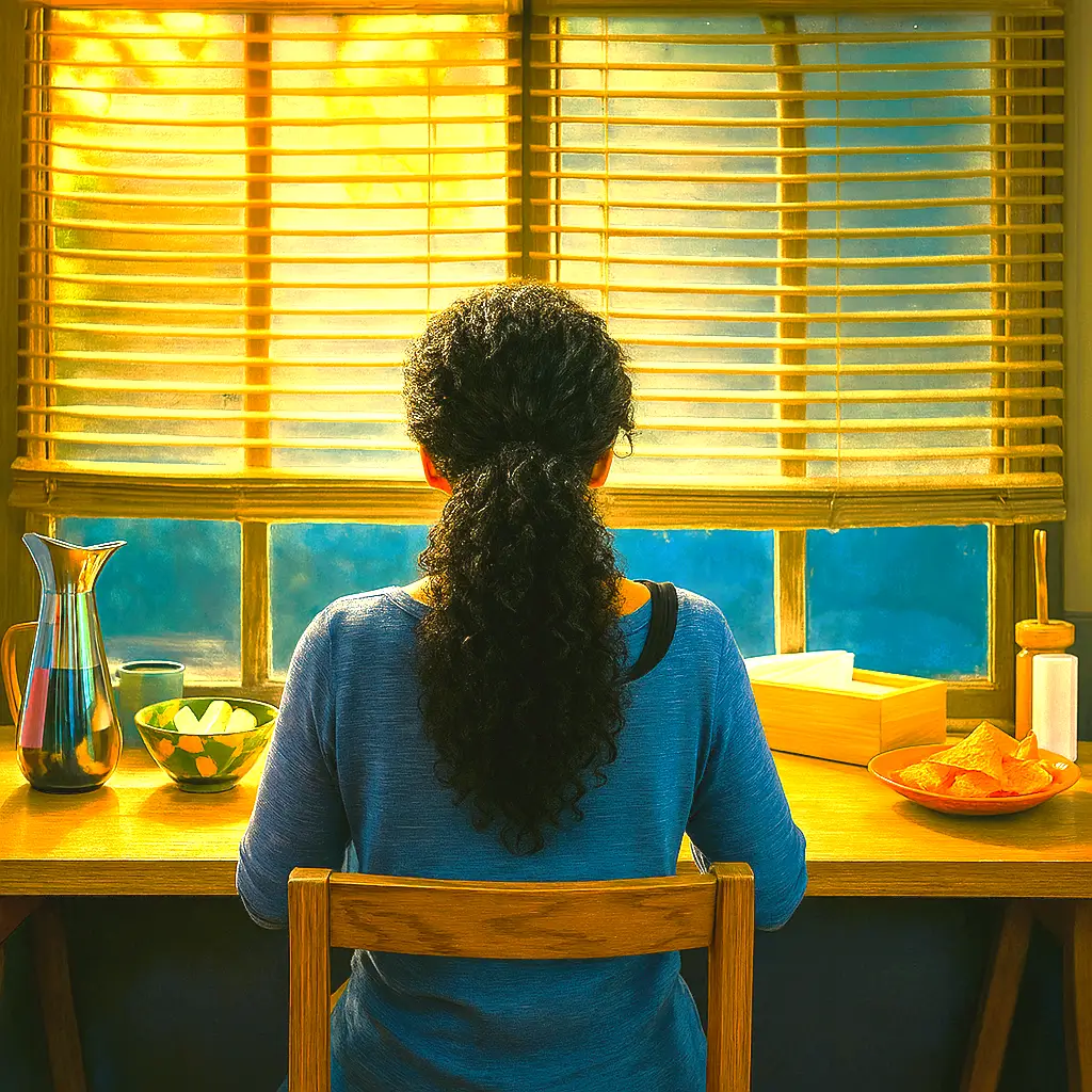 Person sitting at a table near window.